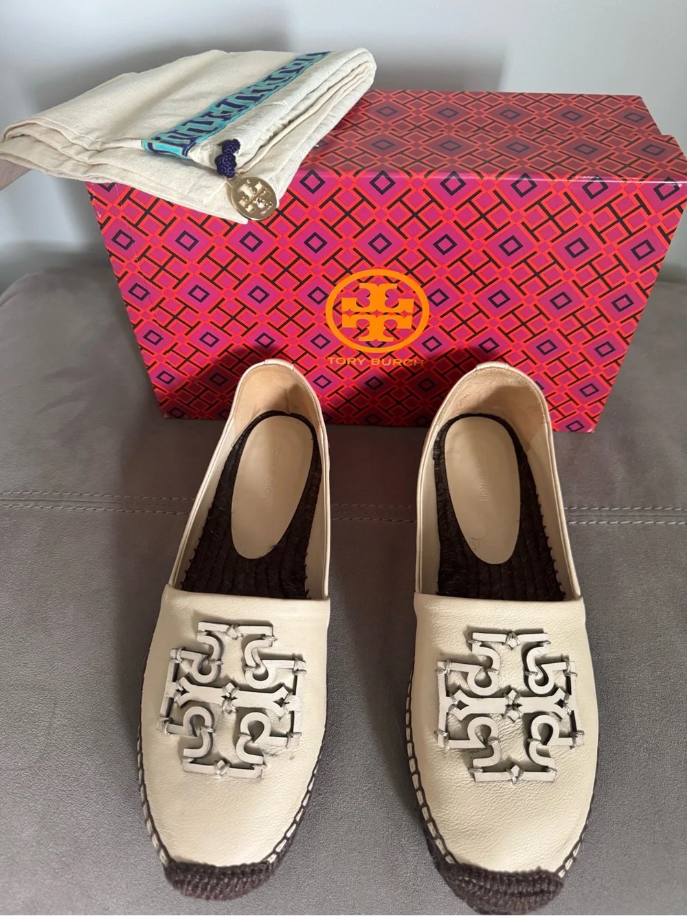 Tory Burch New Cream Espadrille with Turquoise Accent